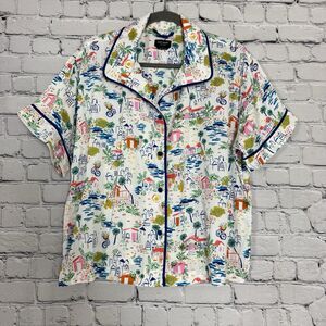 Kate Spade NY Short Sleeve PJ Shirt Top Women's Size Large L House Bicycle Print